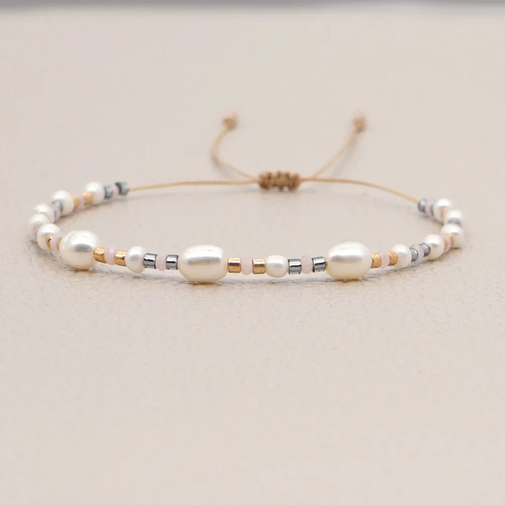 Handmade Adjustable Seed Beaded Pearl Bracelet