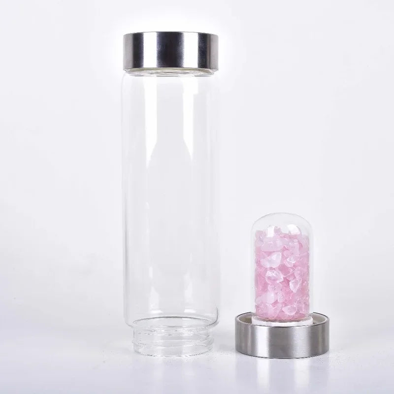 500 ml Natural Quartz Gemstone Crystal Glass Bottle Healing Energy Stainless Steel